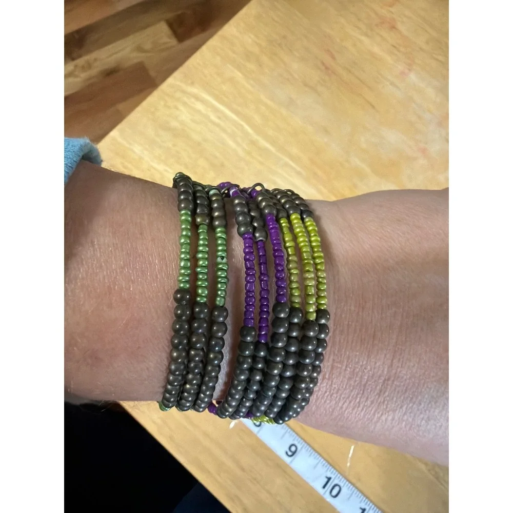 Boho Multi Strand Seed Bead Cuff Bracelet Purple Lime Green Bronze 910